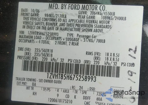 2007 Ford Mustang Gt Deluxe/Gt Premium z USA, uszkodzony, nr VIN 1ZVHT85H675258993